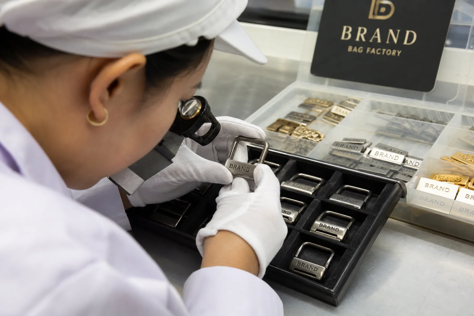 Inspector examining branded metal buckles and engraved logo plates