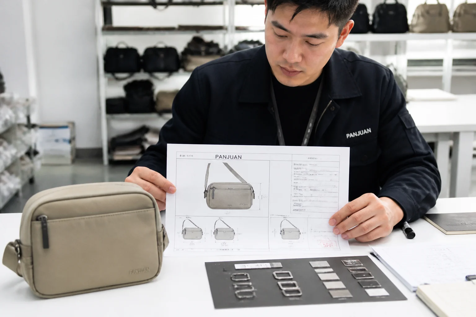 Factory technician reviewing a bag tech pack beside a physical sample