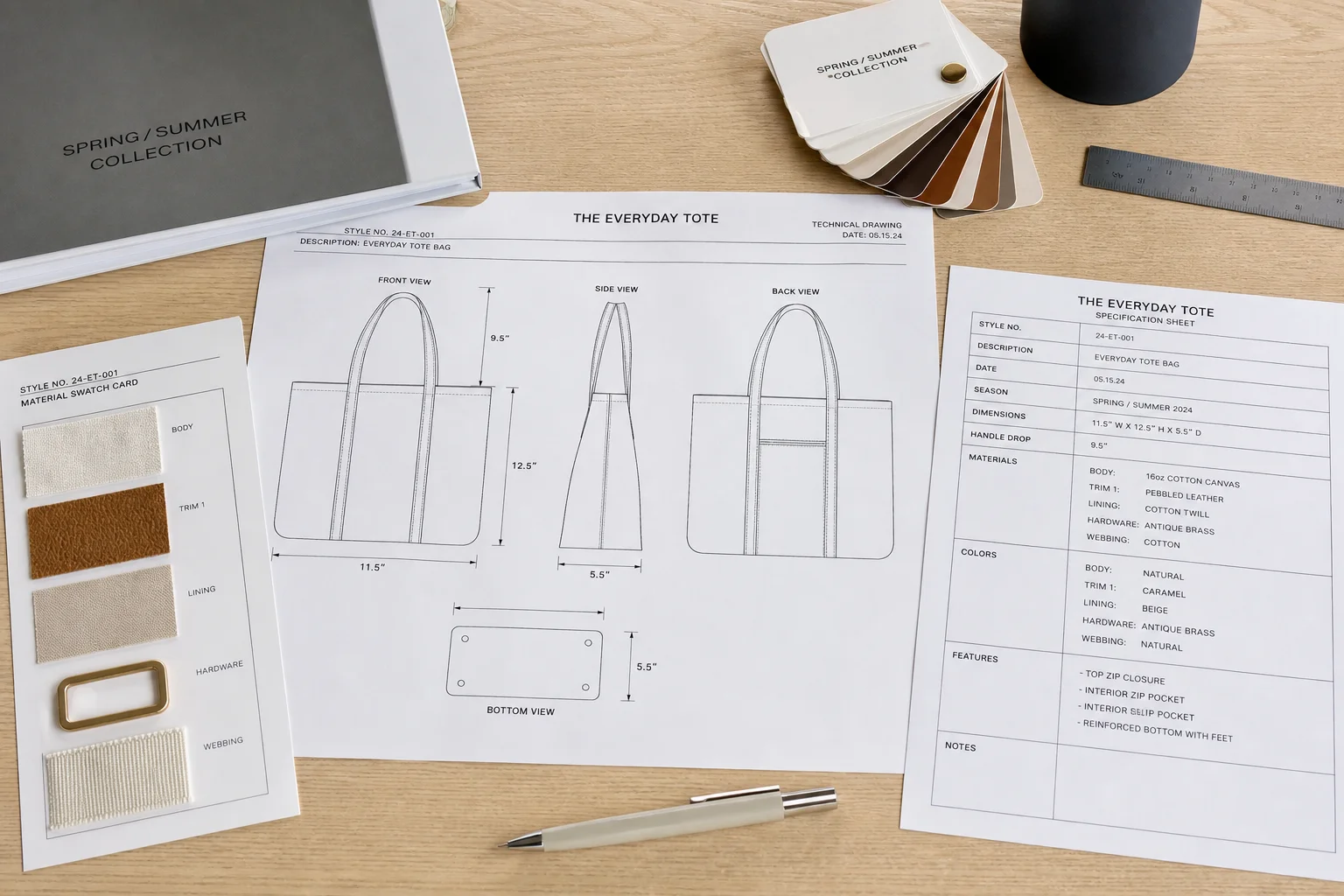 Bag tech pack documents with technical drawings and material swatches on a desk