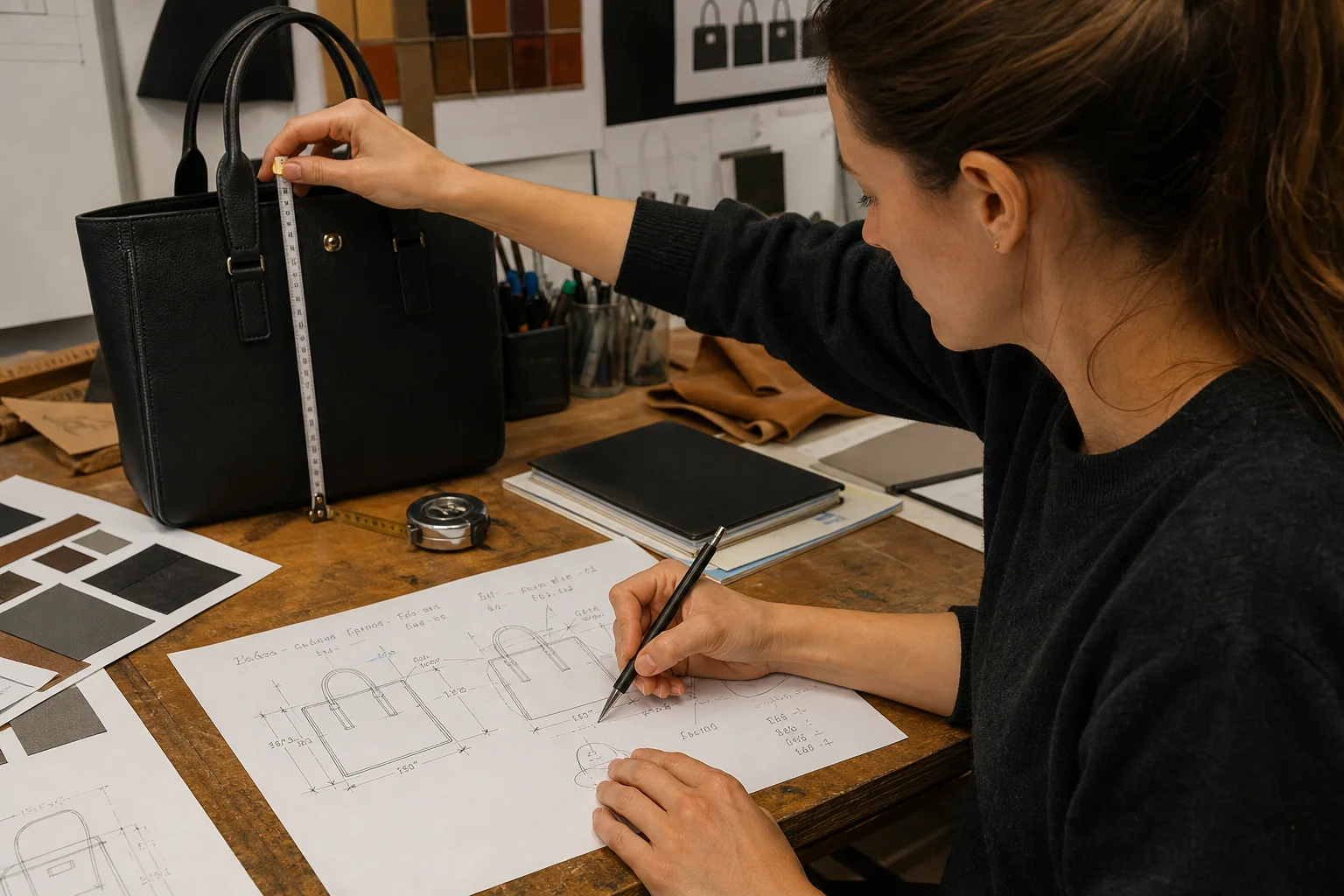 Product developer measuring a bag and annotating a technical drawing