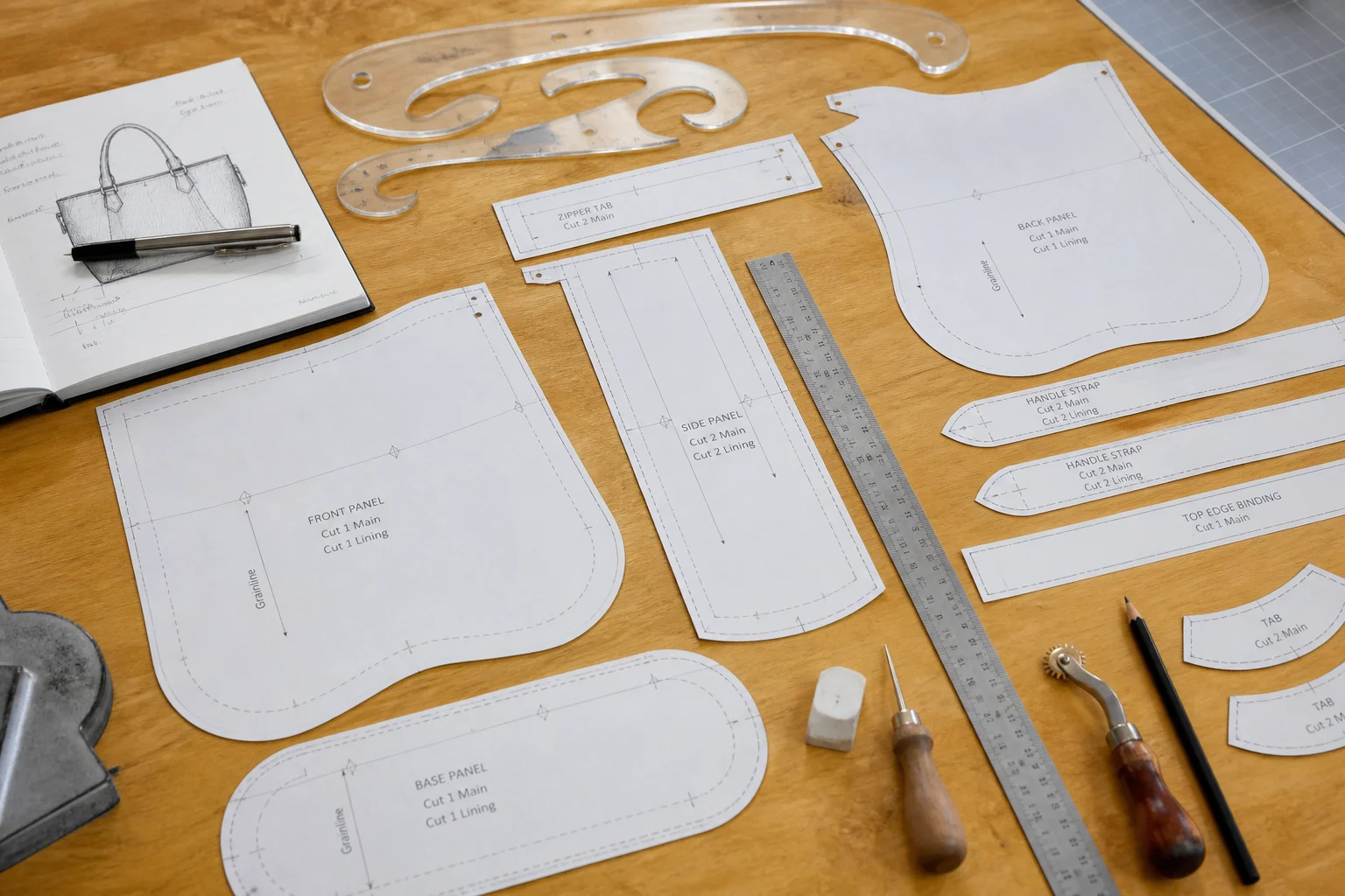 Bag pattern making table with paper patterns, ruler and curve rules