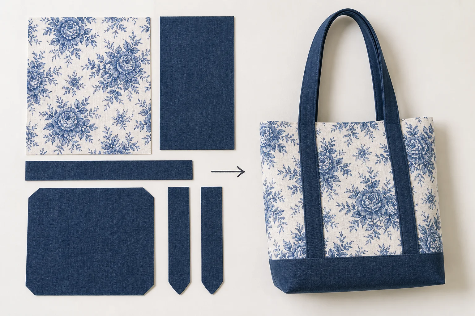Flat paper pattern pieces arranged beside the sewn three-dimensional bag