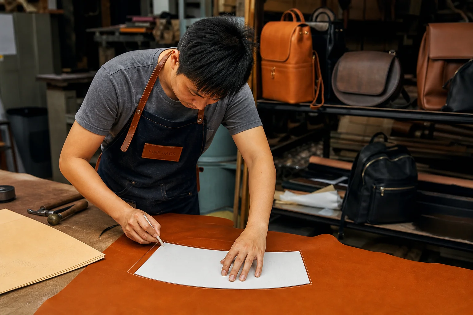 Pattern maker tracing a bag pattern onto PU leather with chalk