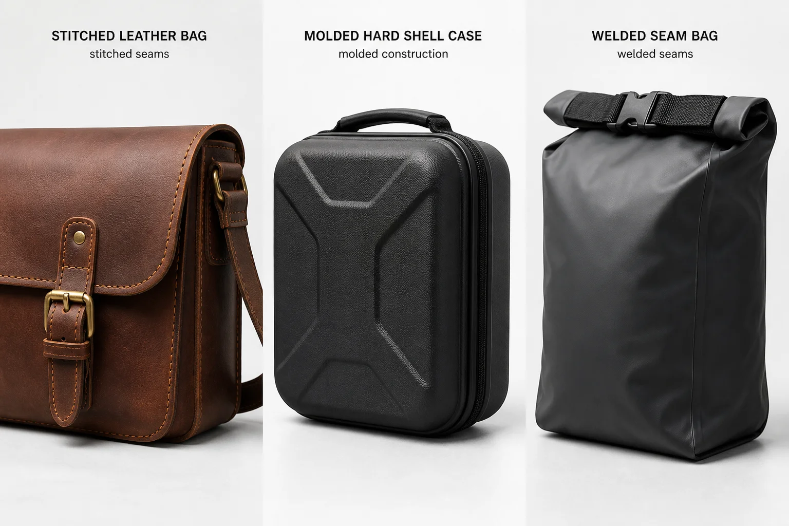 Three bag samples comparing stitched, molded and welded construction