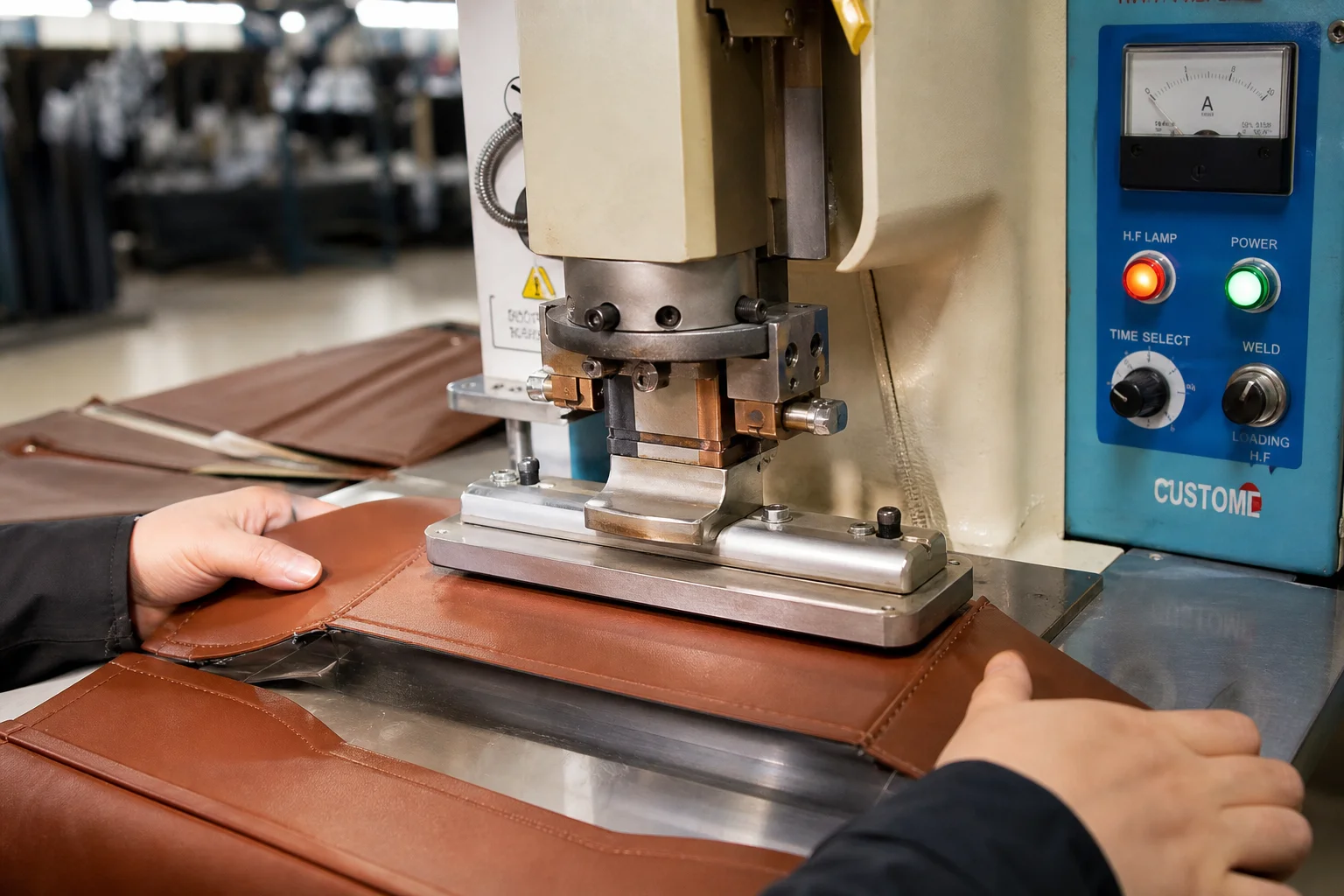 High frequency welding machine bonding PU leather panels for a bag