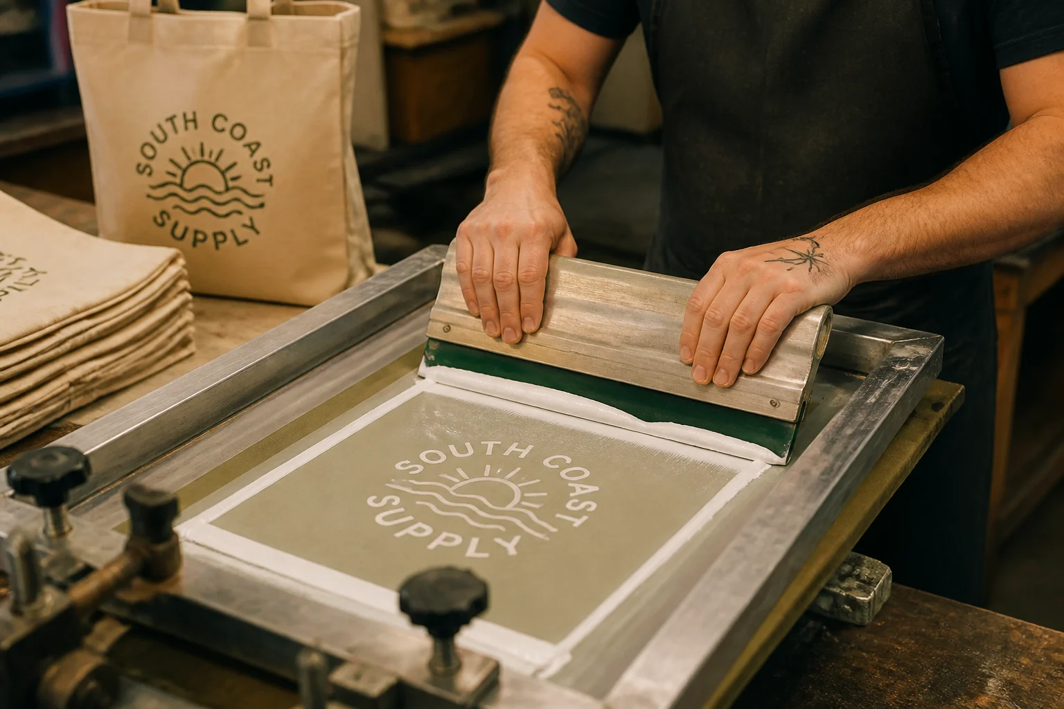 Screen printing a brand logo onto a bag panel with a squeegee