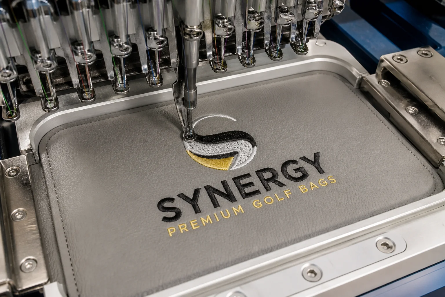Embroidery machine stitching a logo onto a PU leather bag panel