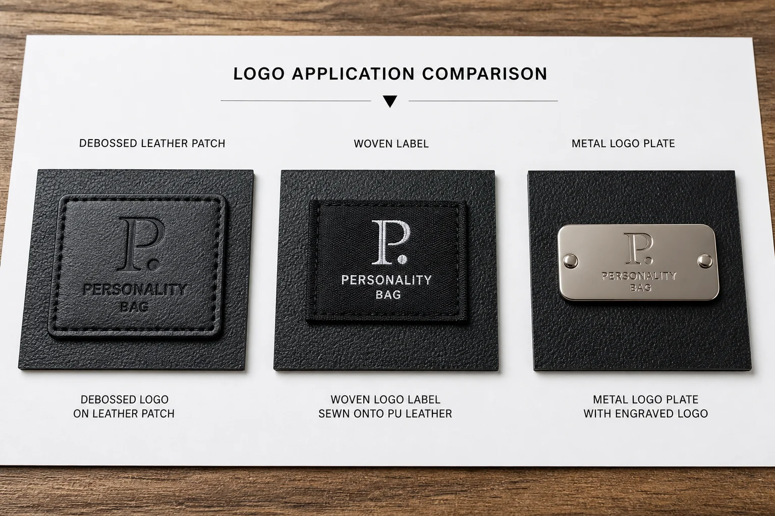 Comparison of debossed leather patch, woven label and metal logo plate on PU leather