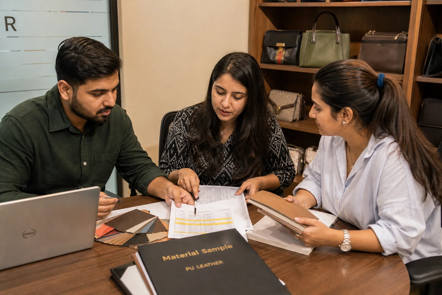 Costing team reviewing material swatches and a price sheet in a bag factory