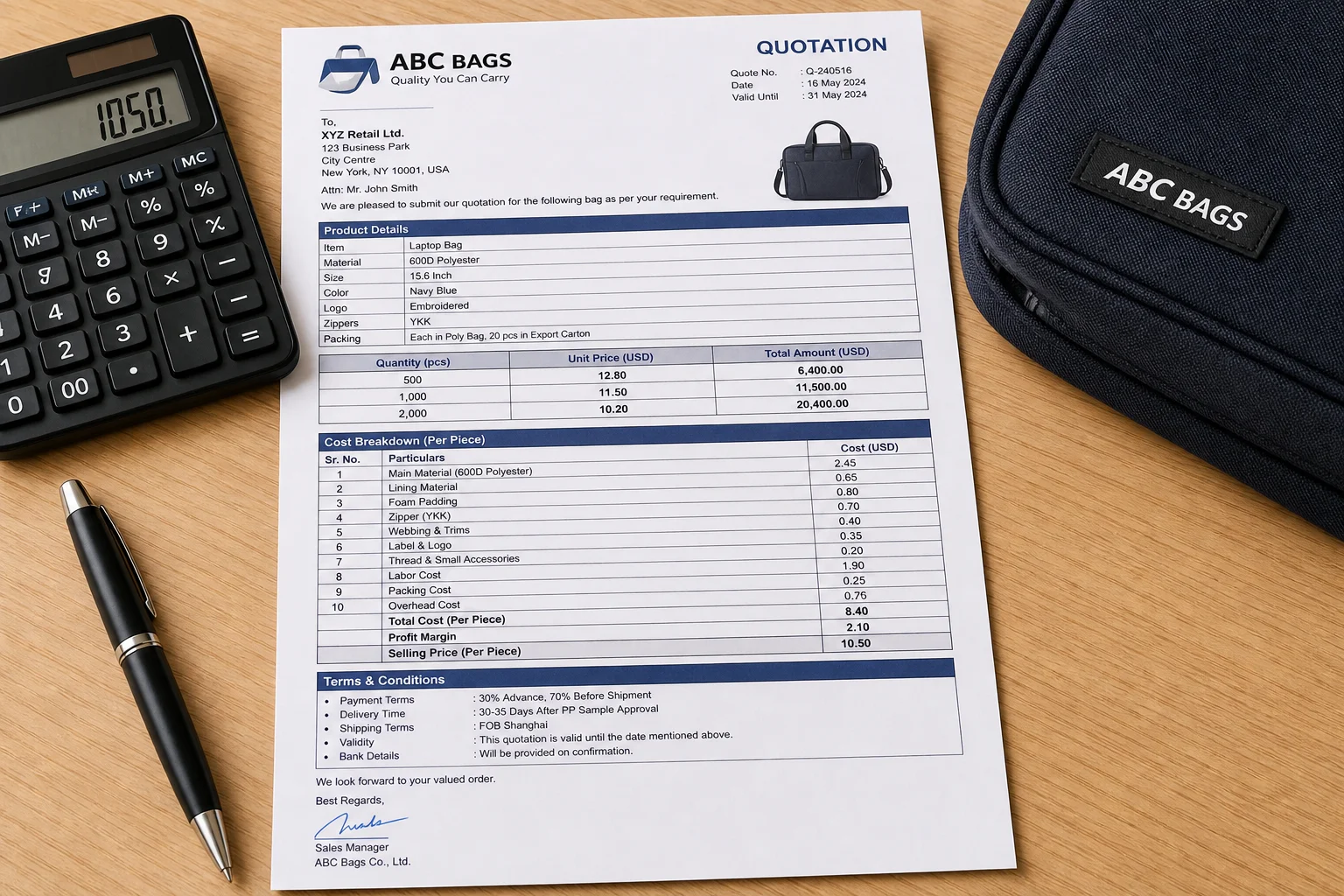 Bag factory quotation with cost breakdown sheet and calculator on a desk