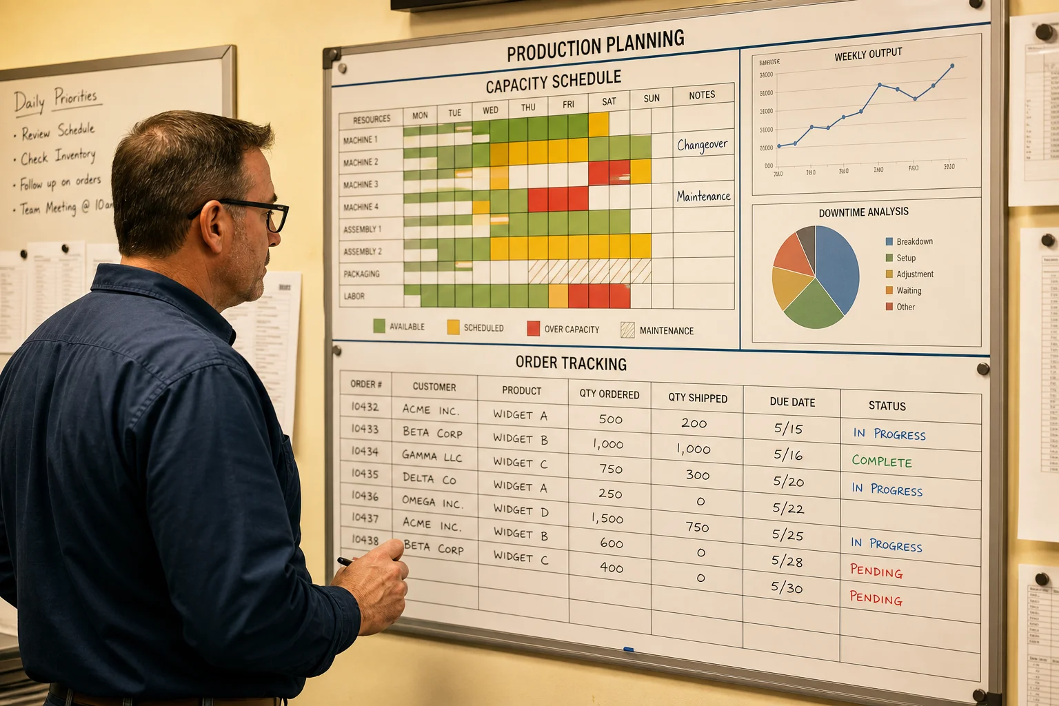 Production planning board with capacity schedules in a bag factory office