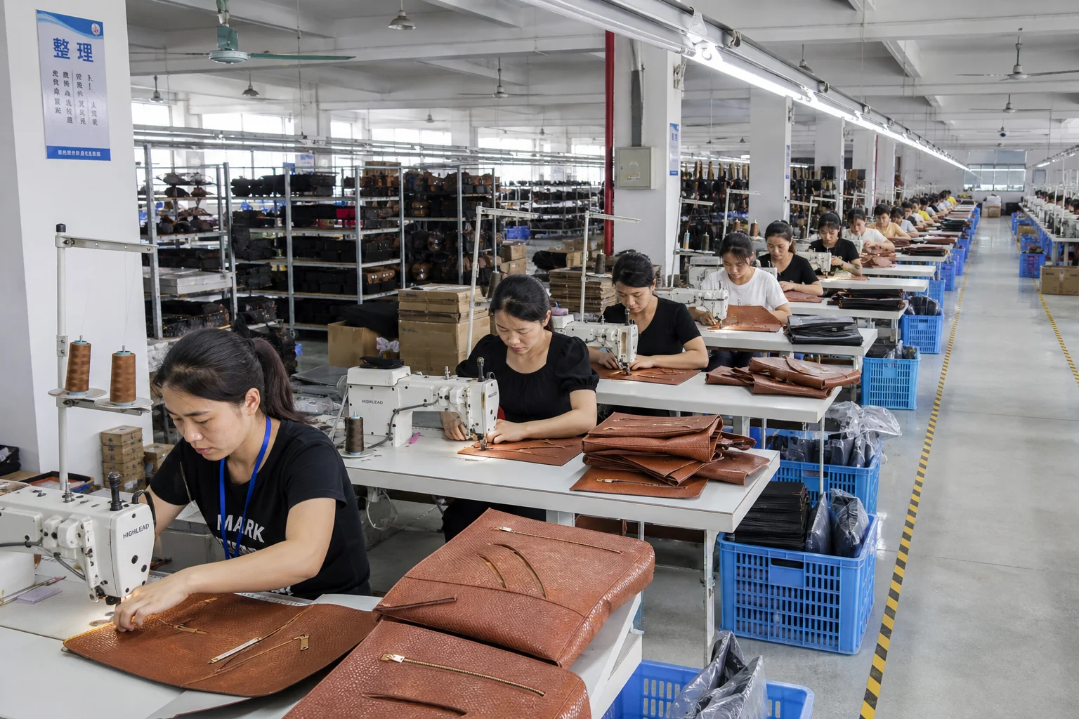 Bag factory production line with rows of sewing stations