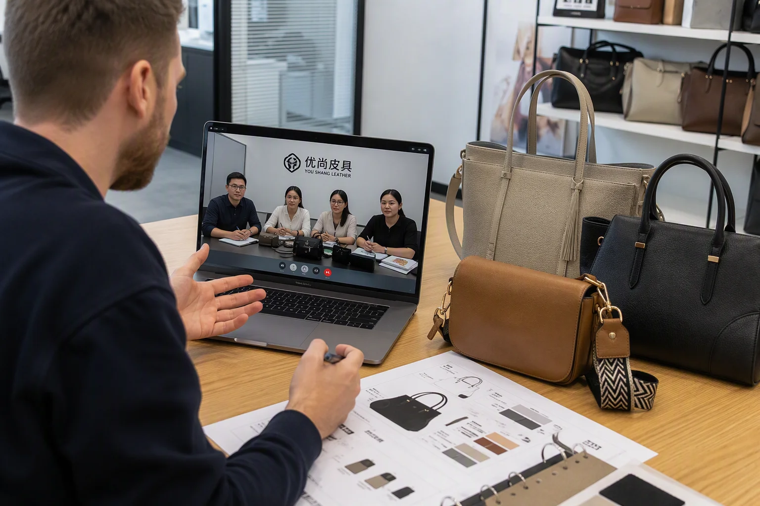 Video call between a buyer and a bag factory team with samples on the desk