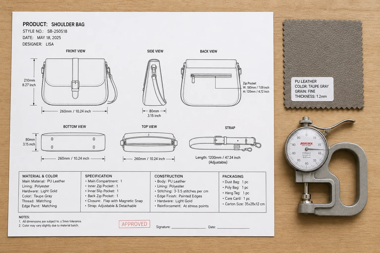 Annotated bag technical sheet with English measurement callouts and a sample swatch