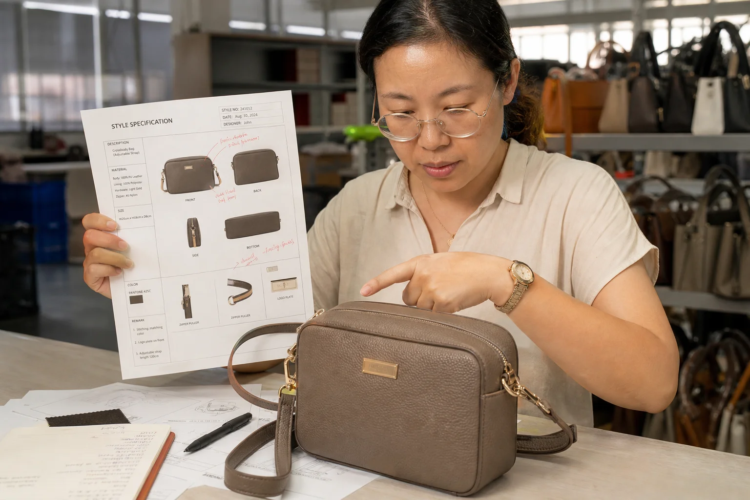 Factory merchandiser reviewing an English specification sheet with a bag sample