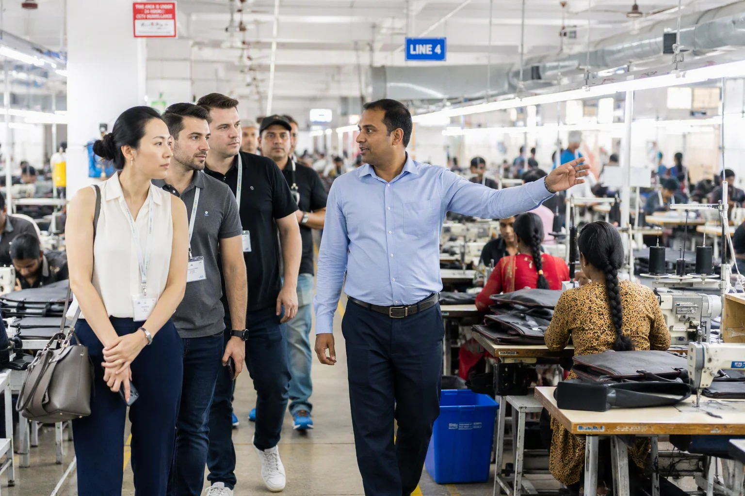 Buyer group touring a bag factory production floor with a manager