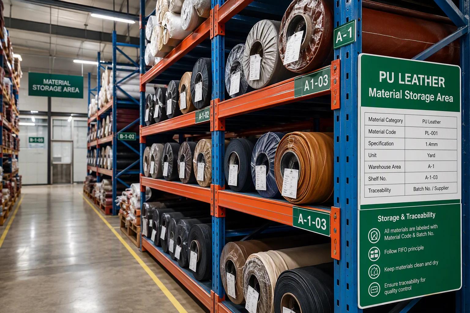 Organized material warehouse with labelled rolls of PU leather on racks