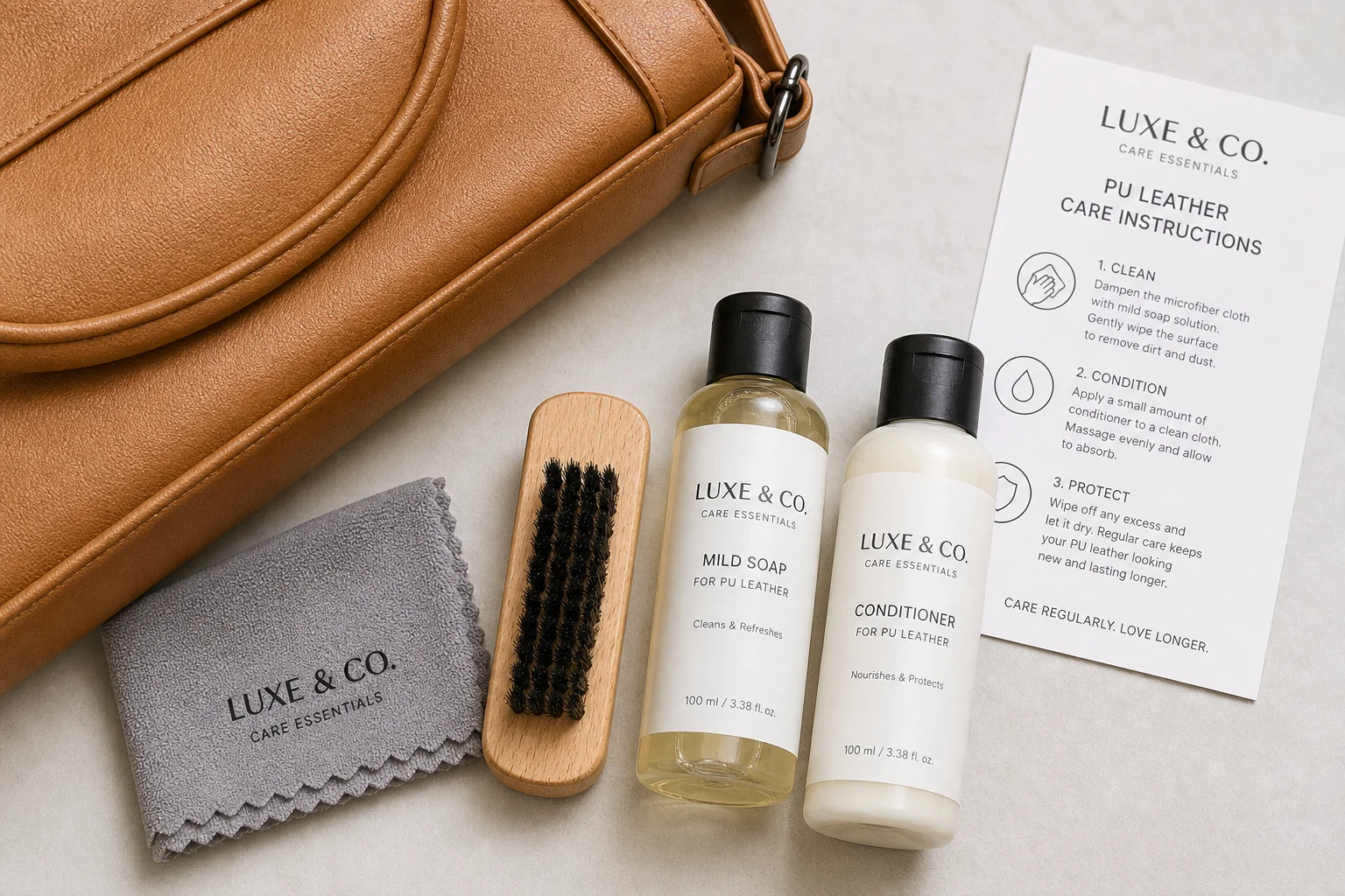 PU leather bag care kit with microfiber cloth, soft brush, mild soap and care card