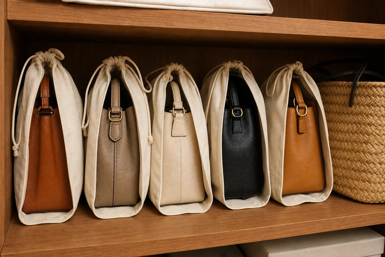 PU leather handbags stuffed and stored in cotton dust bags on a shelf