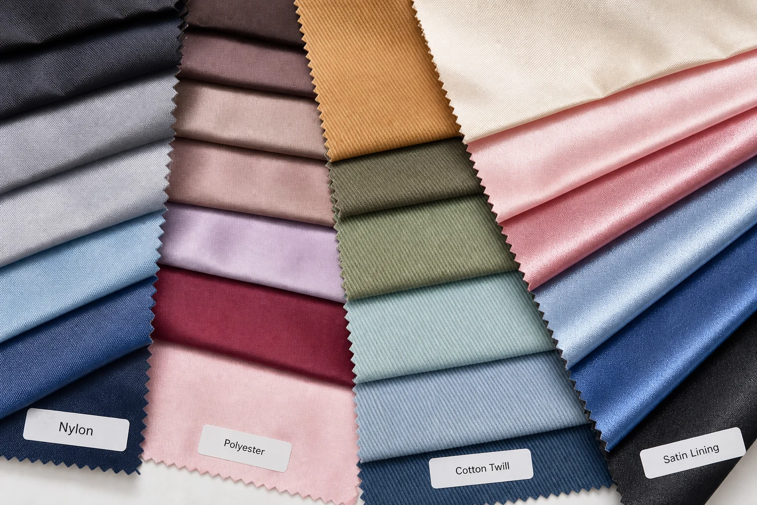 Lining fabric swatches: nylon, polyester, cotton and satin compared