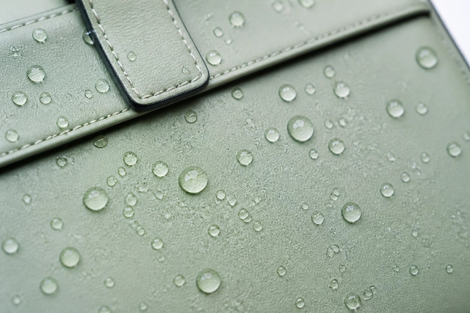 Water droplets beading on the surface of a water-resistant PU leather bag