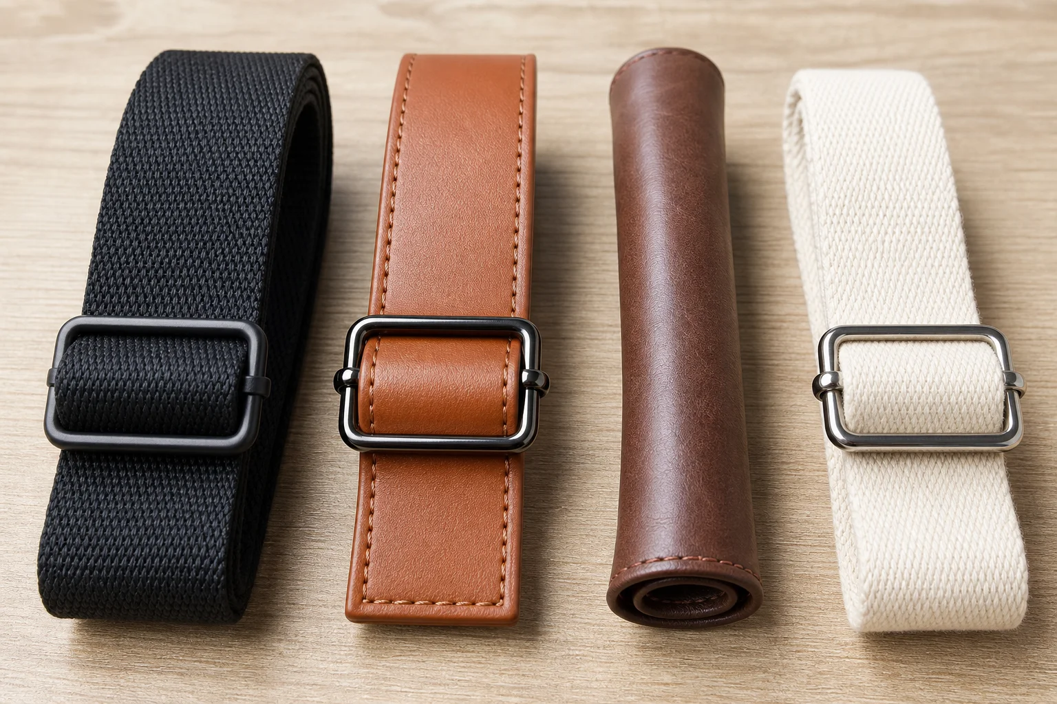 Bag strap materials compared: webbing, PU leather and rolled leather handles