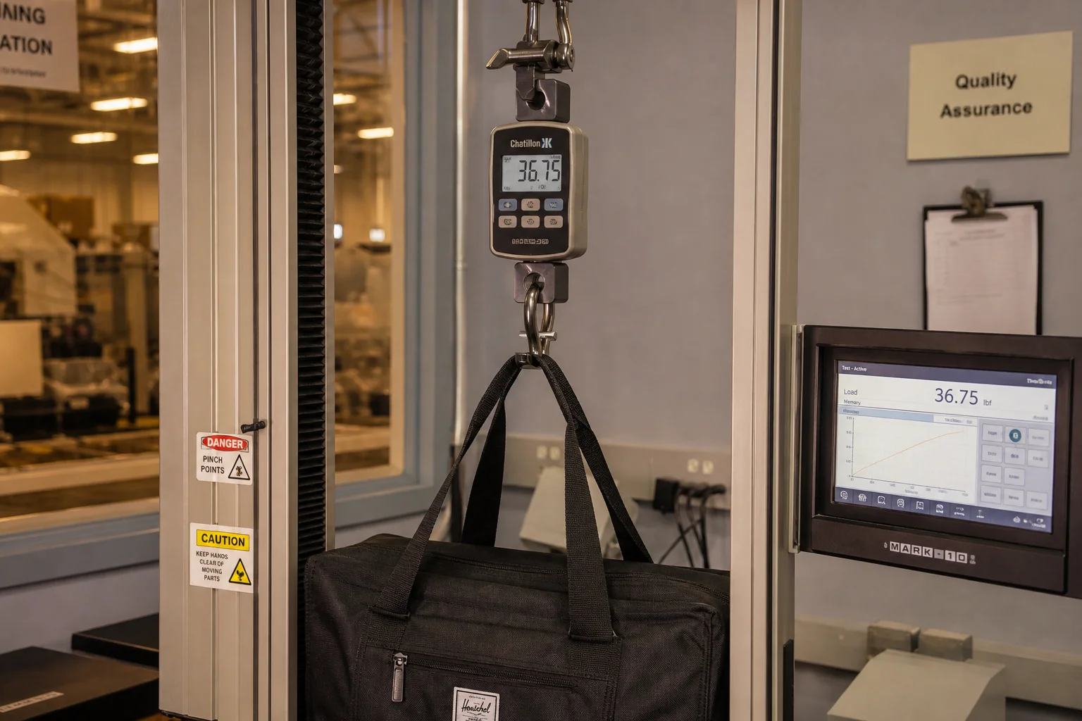 Pull testing a bag handle with a tensile testing gauge