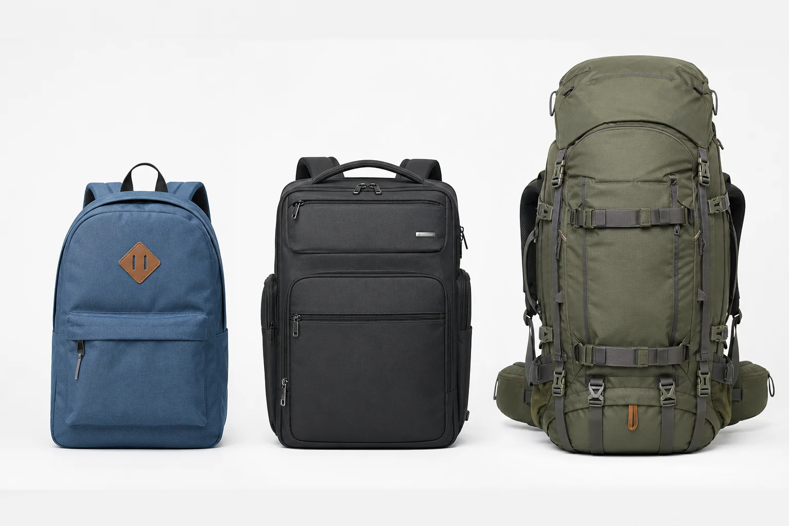 Three backpack styles compared: daypack, business laptop backpack and travel backpack