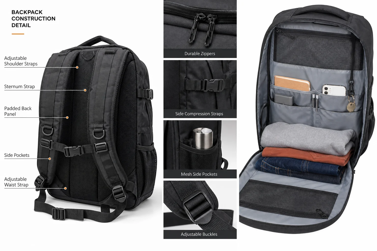 Backpack construction detail: padded back panel, straps and compartments