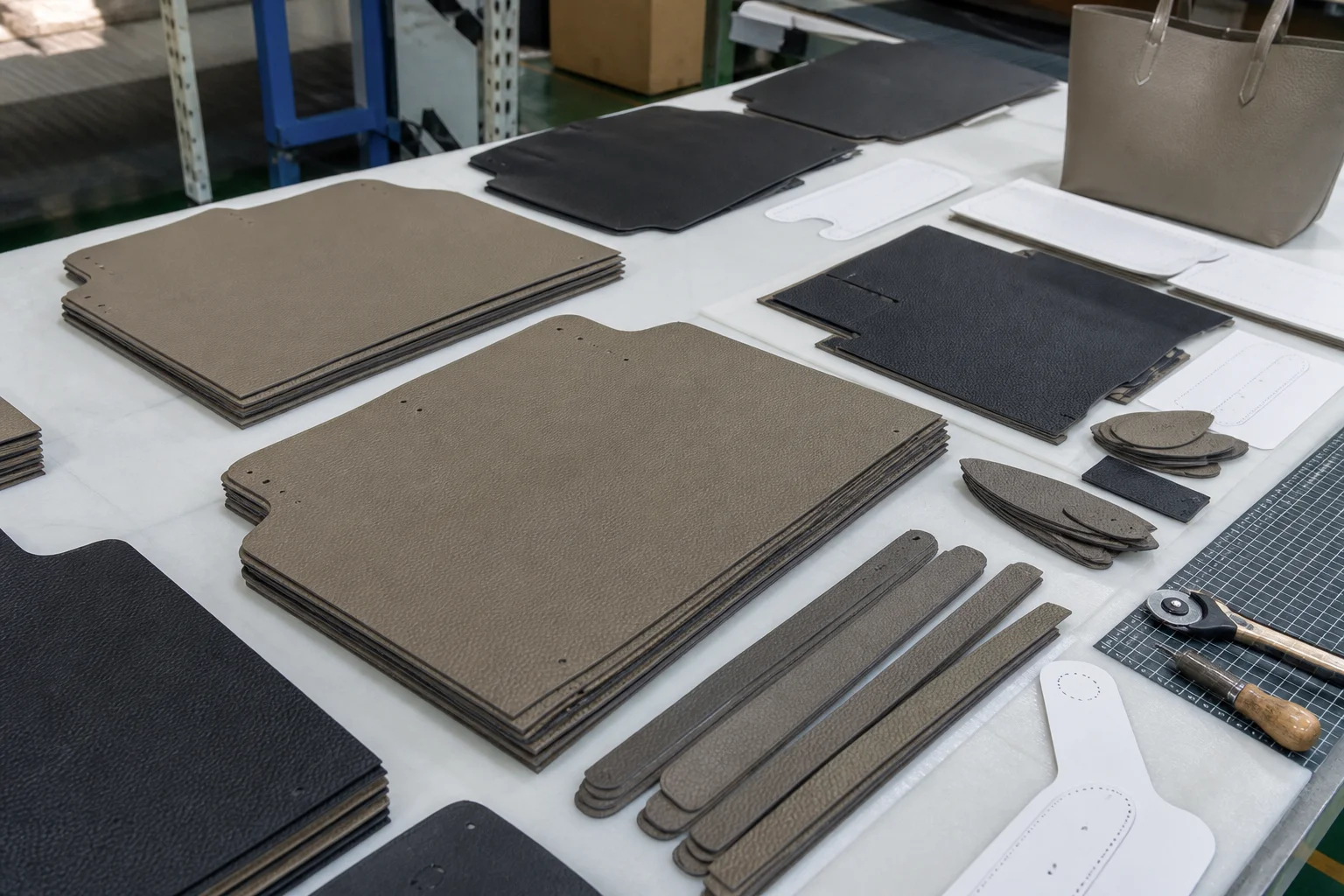 Tote bag panels laid out on a cutting table with paper pattern templates