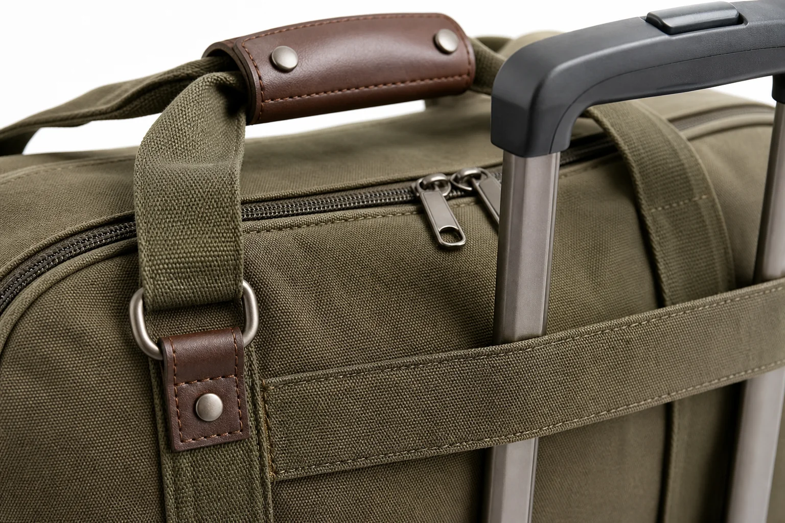 Travel bag hardware detail: reinforced handle wrap, D-ring, two-way zipper and trolley sleeve