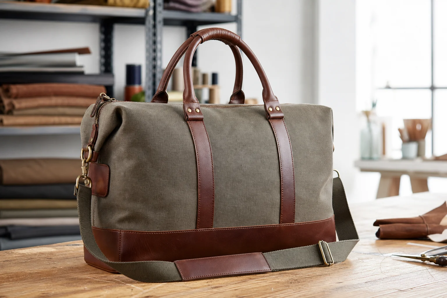 Weekender travel bag with structured base, wrapped handles and shoulder strap