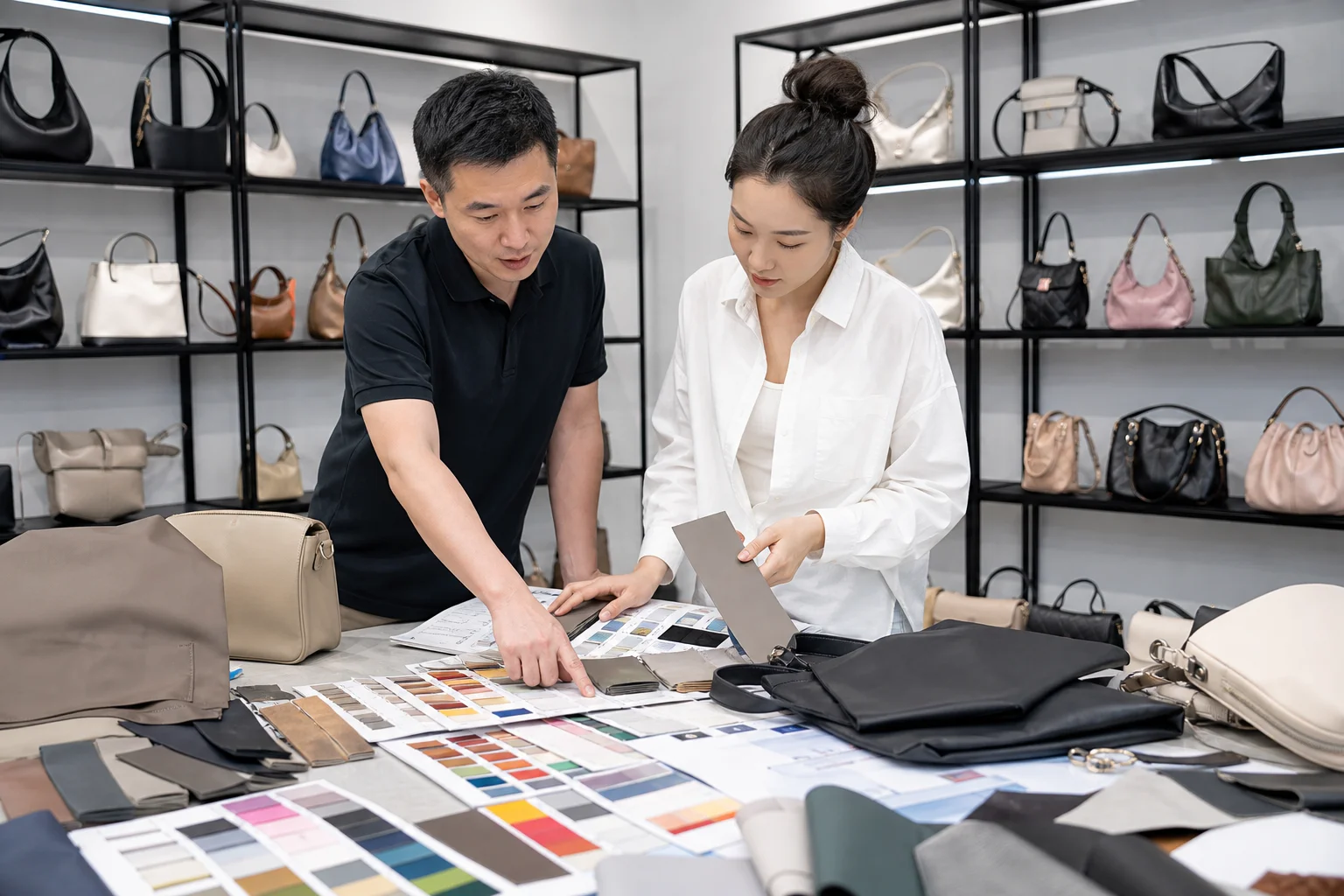 Bag factory sample room with private label sample bags, colour swatches and material samples
