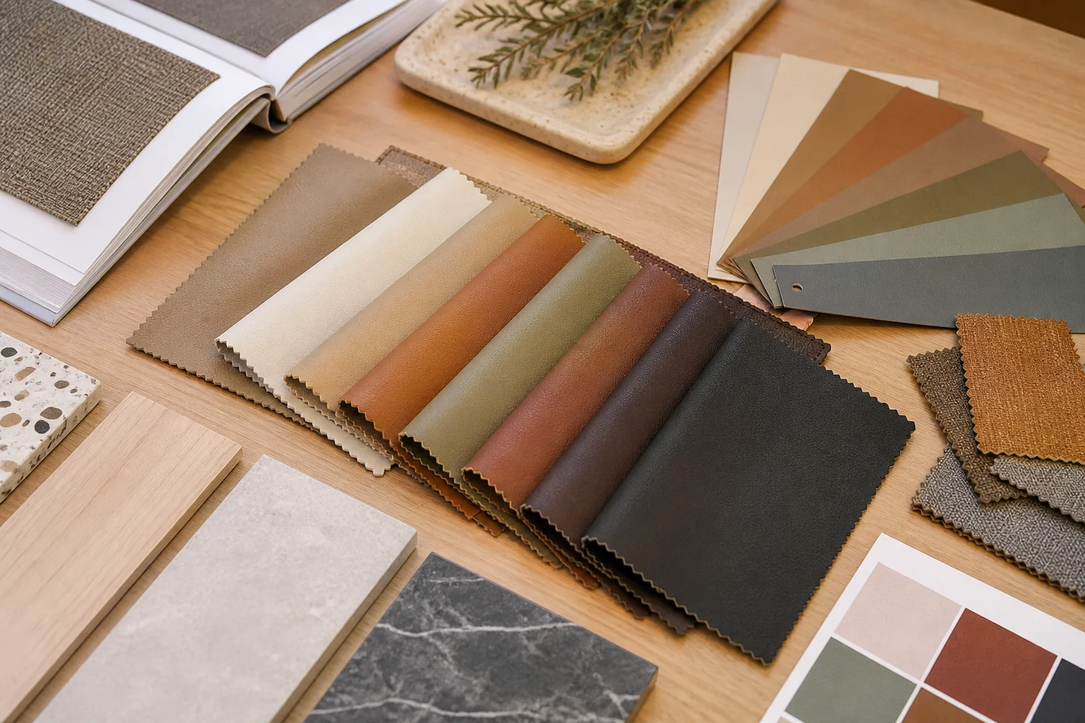 Trend board with PU leather swatches in muted earth tones and colour chips arranged for a seasonal review