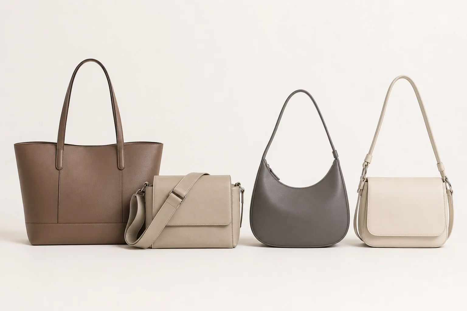 Lineup of modern bag silhouettes in matte neutral finishes including tote, crossbody and shoulder styles