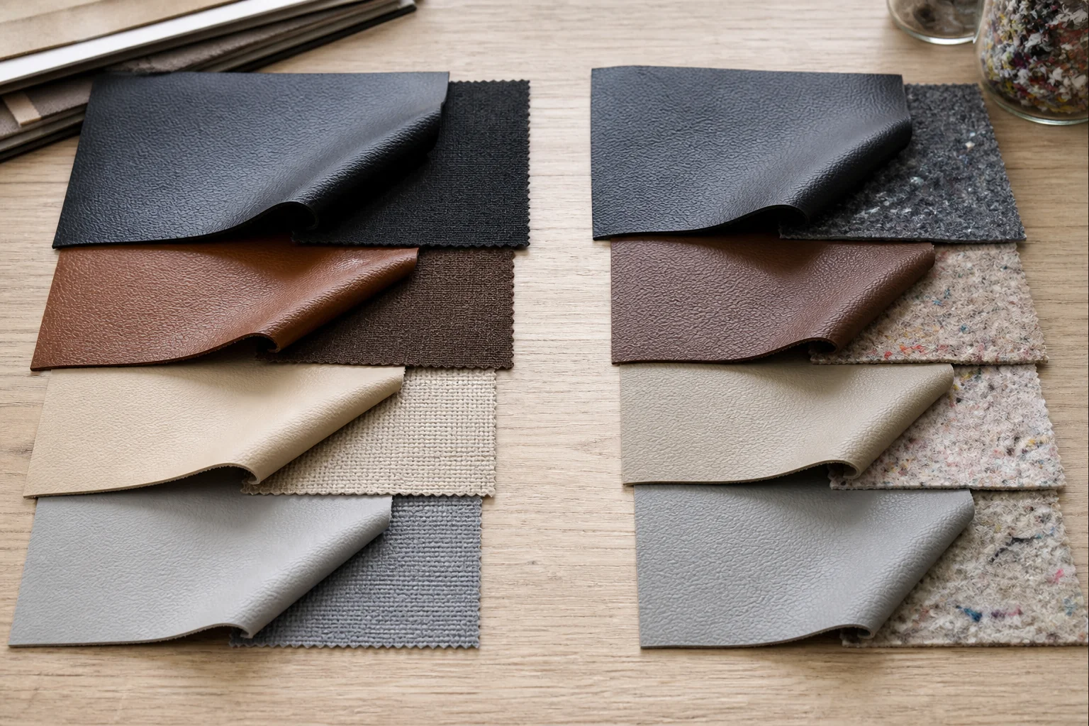 Side by side comparison of conventional and recycled PU leather swatches with different backing fabrics