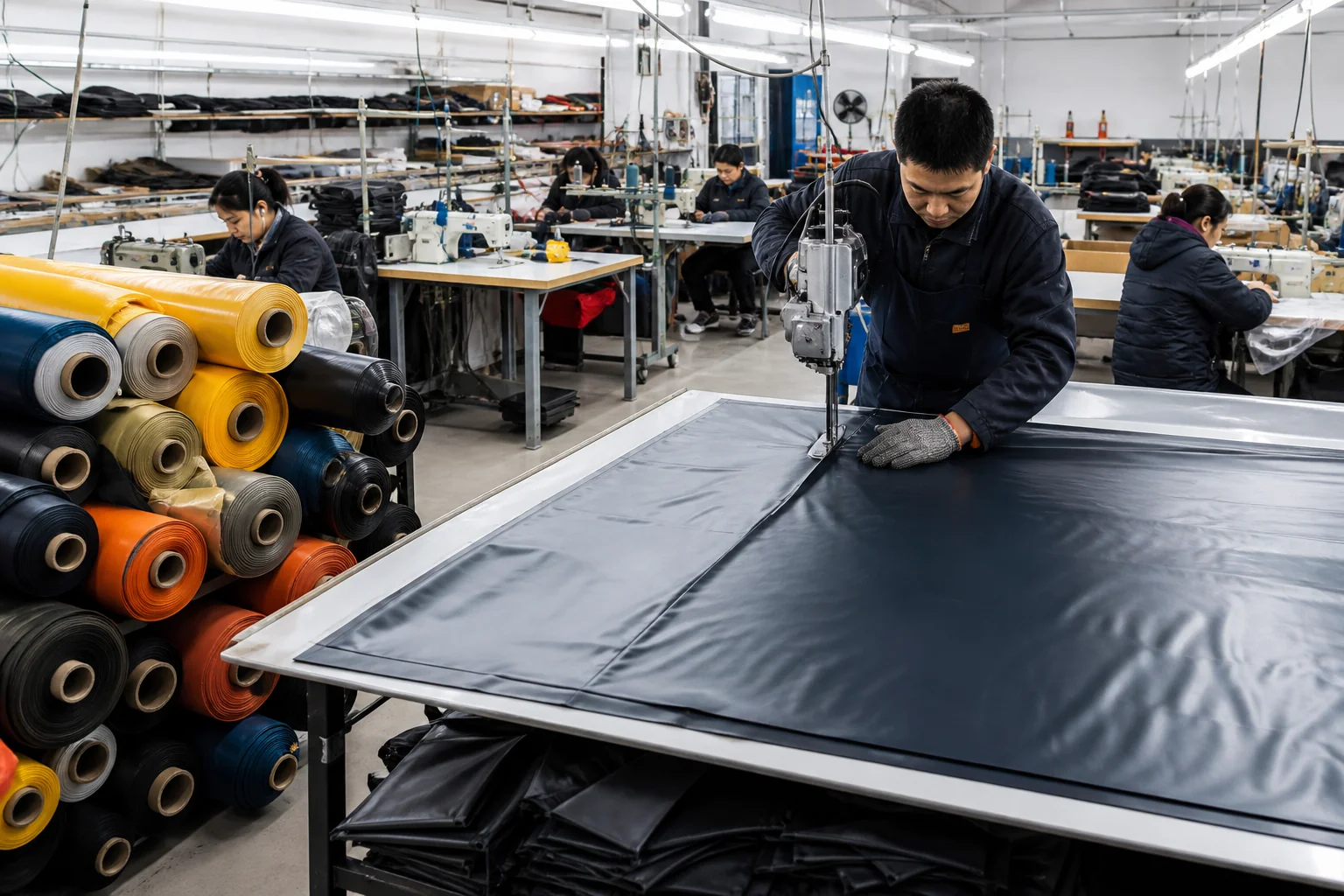 Bag factory cutting and sewing stations working with coated fabric with rolls stacked beside a cutting table