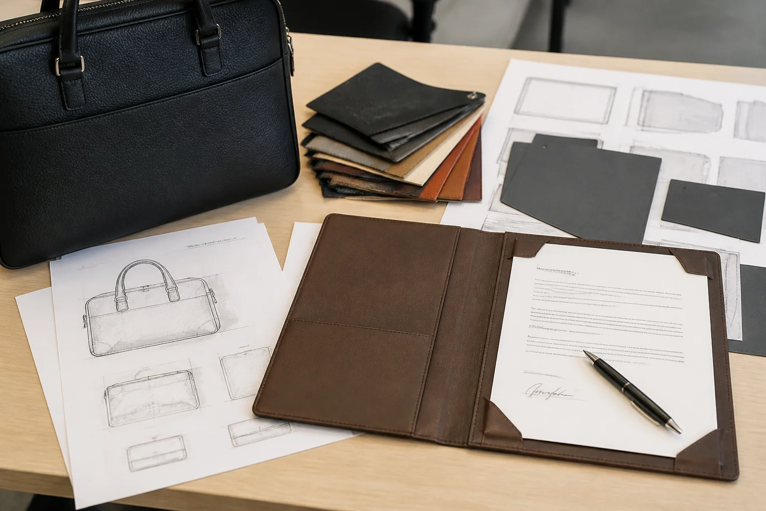 Design sketches, panel patterns and a signed document folder on a bag factory office desk beside a material sample