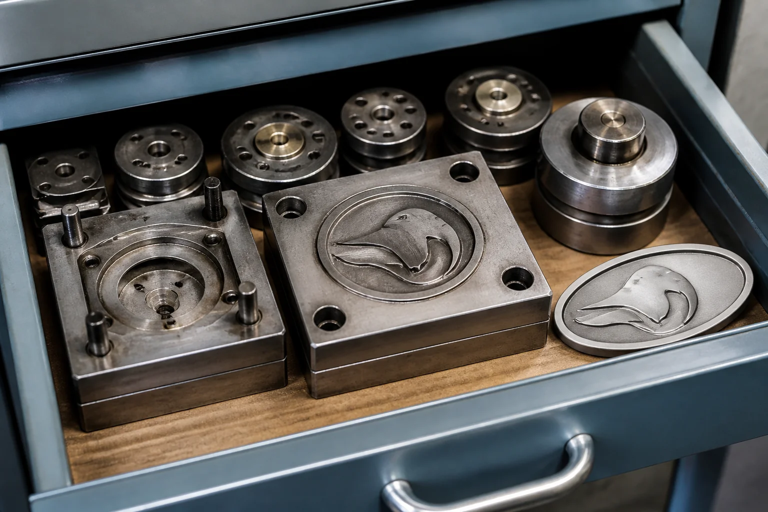 Custom metal logo tooling dies and a finished embossed logo plate stored in a factory cabinet drawer