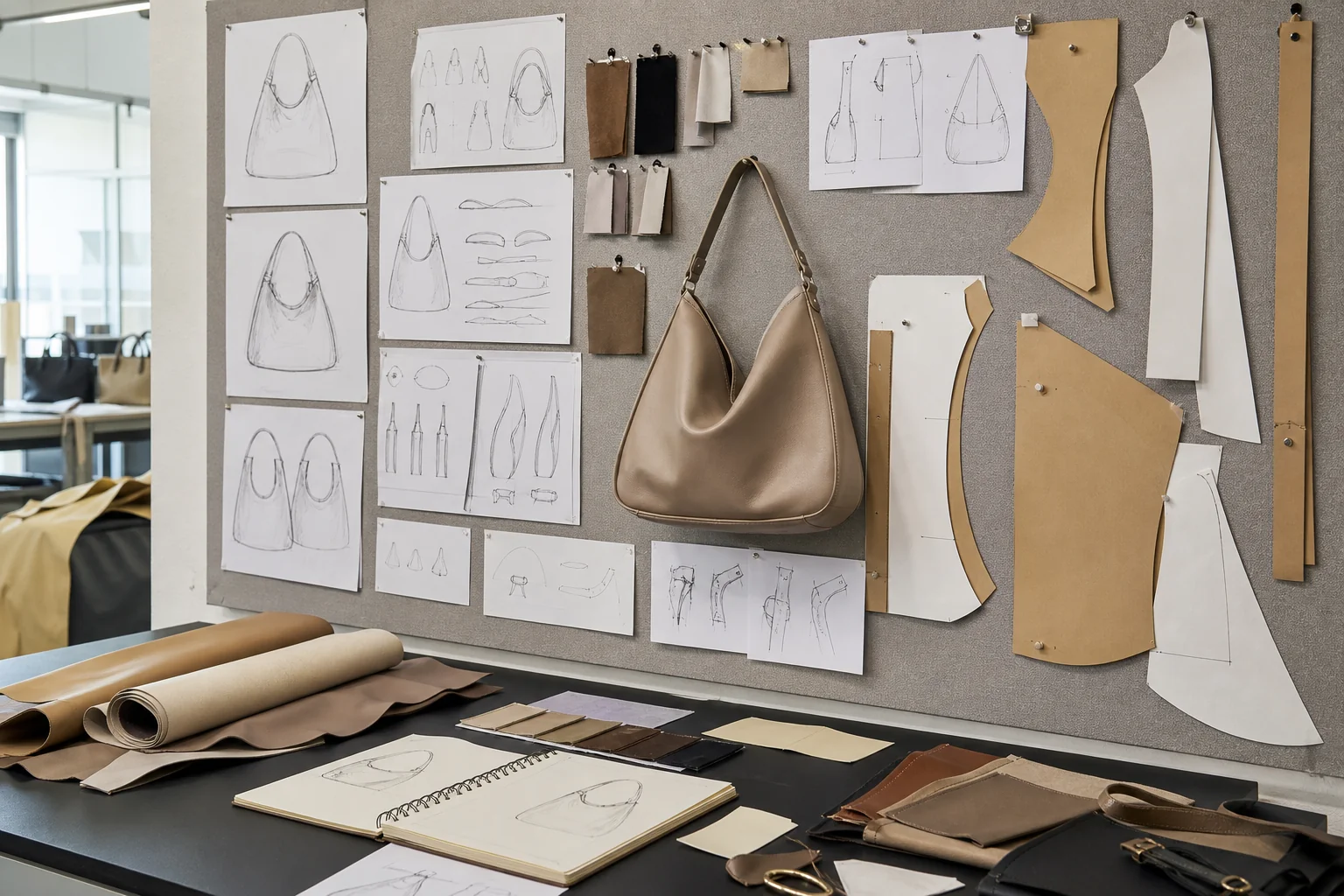 Development board in a bag factory sample room showing design sketches, paper patterns and a prototype bag