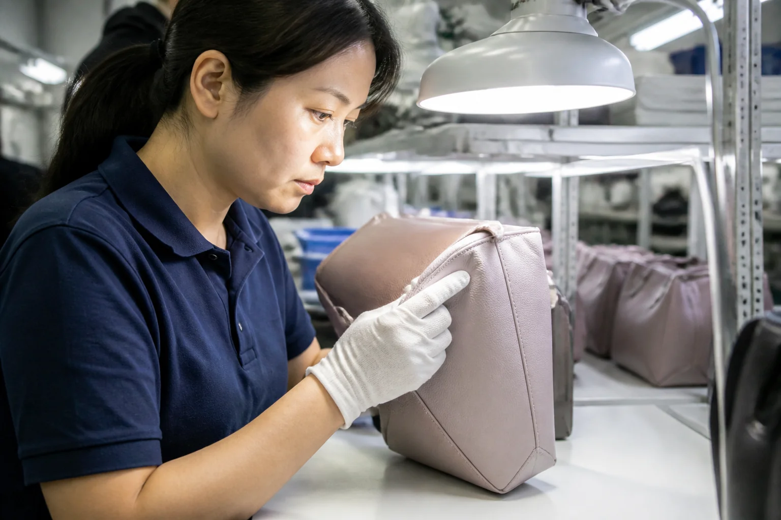 Quality control inspector examining the seam and stitching of a bag under bright task lighting at a factory inspection bench