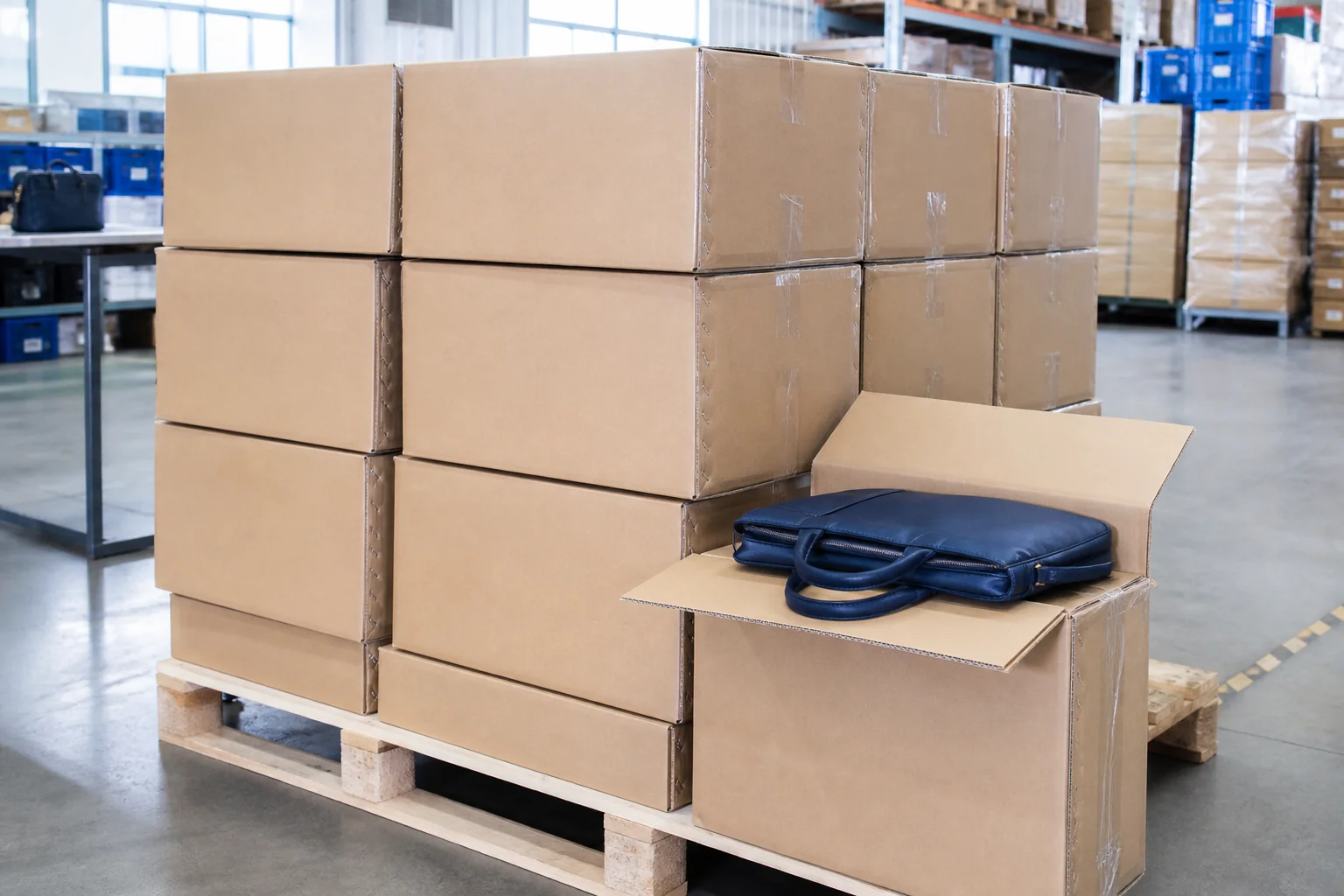 Export cartons of bags staged on a pallet in a factory warehouse awaiting inspection with one carton opened