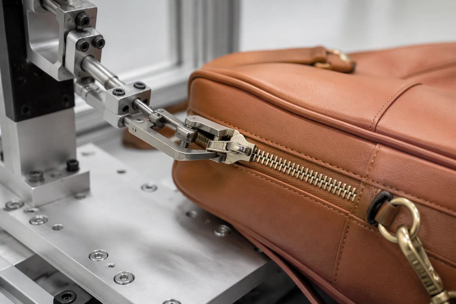 Zipper cycle testing rig cycling the zipper of a PU leather bag repeatedly on a workbench