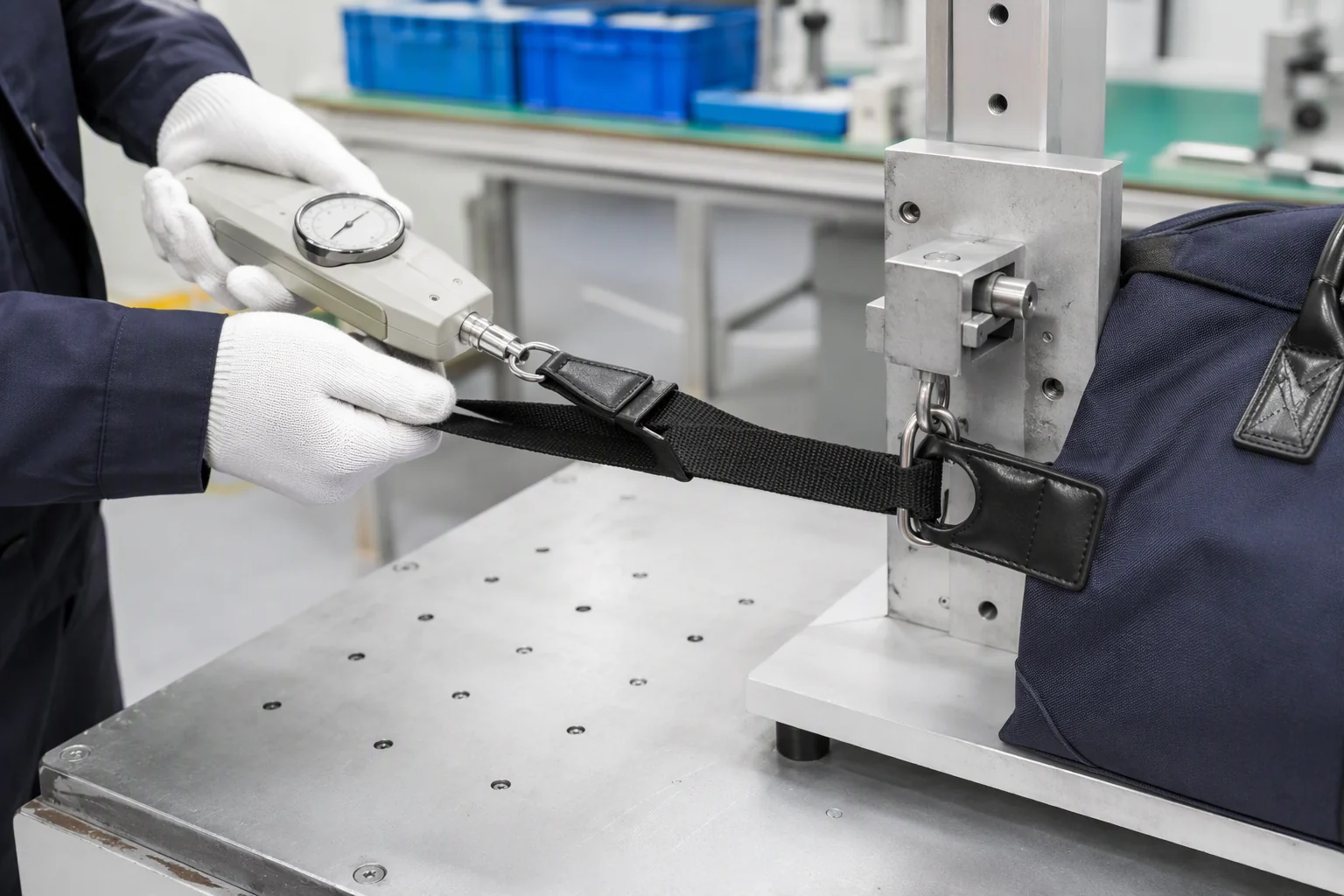 Pull test on a bag handle attachment using a spring force gauge and webbing strap at a factory test bench