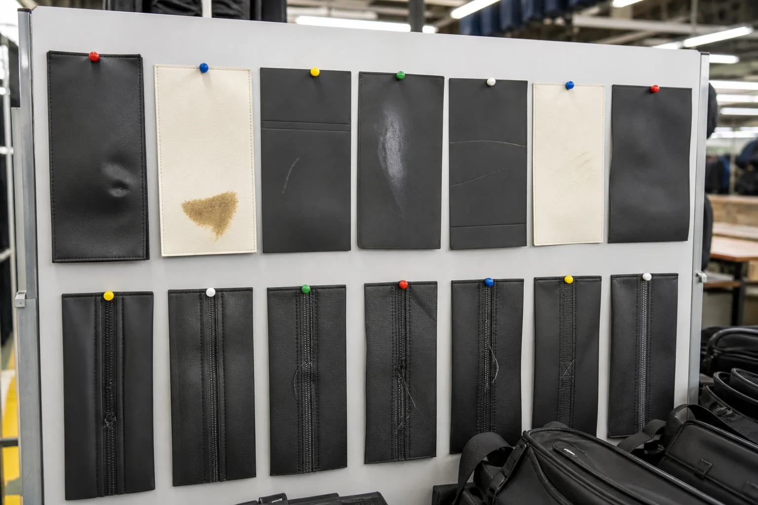 Defect reference board in a bag factory with several bag panels pinned up showing different surface and stitching faults