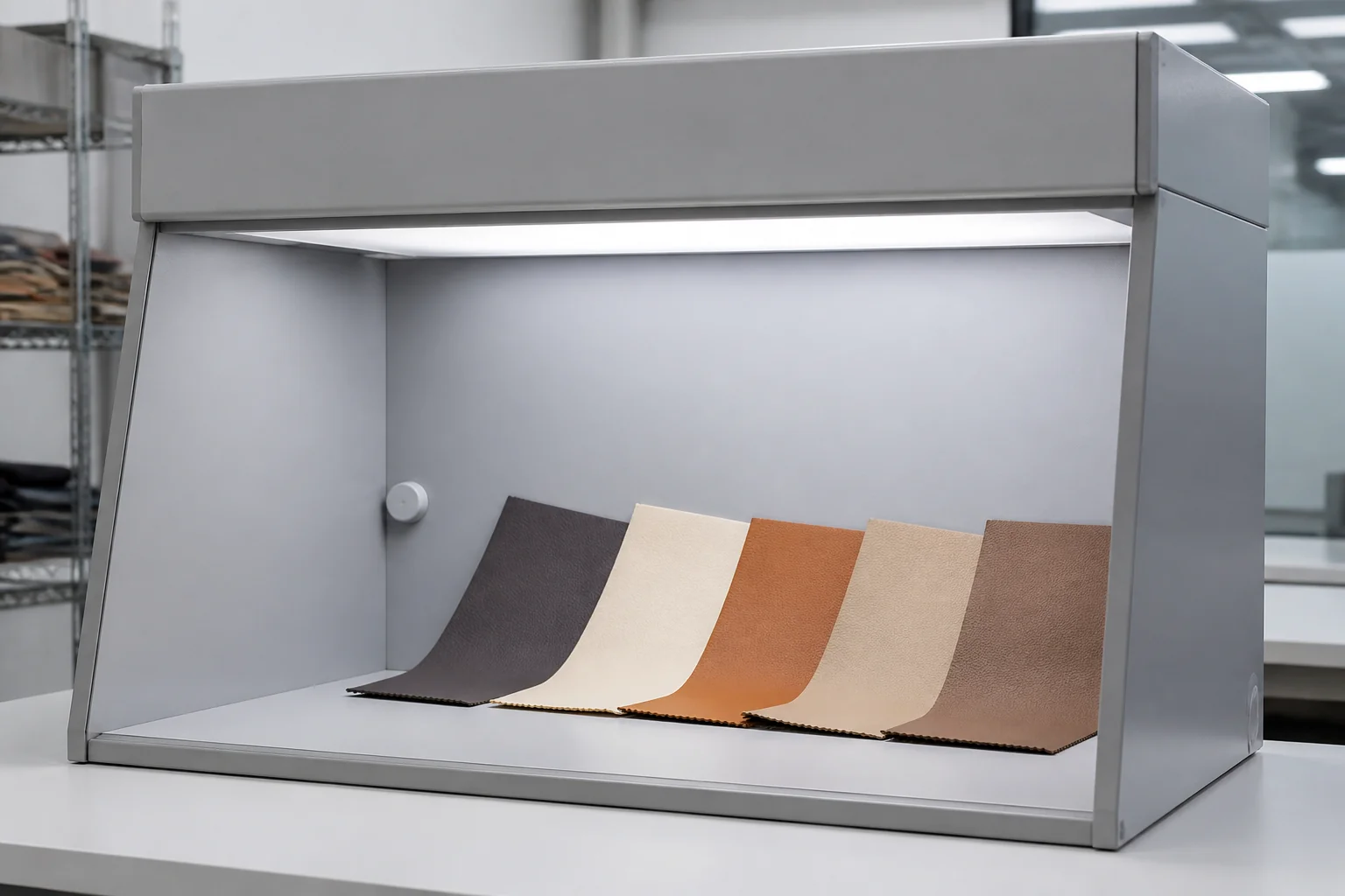 Controlled light booth in a factory colour laboratory with PU leather swatches positioned inside for colour assessment