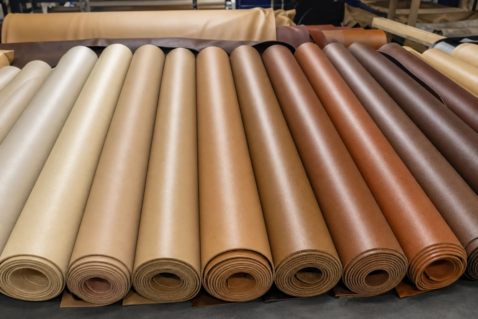 Rolls of PU leather in the same colour family stacked side by side in a factory store showing batch comparison