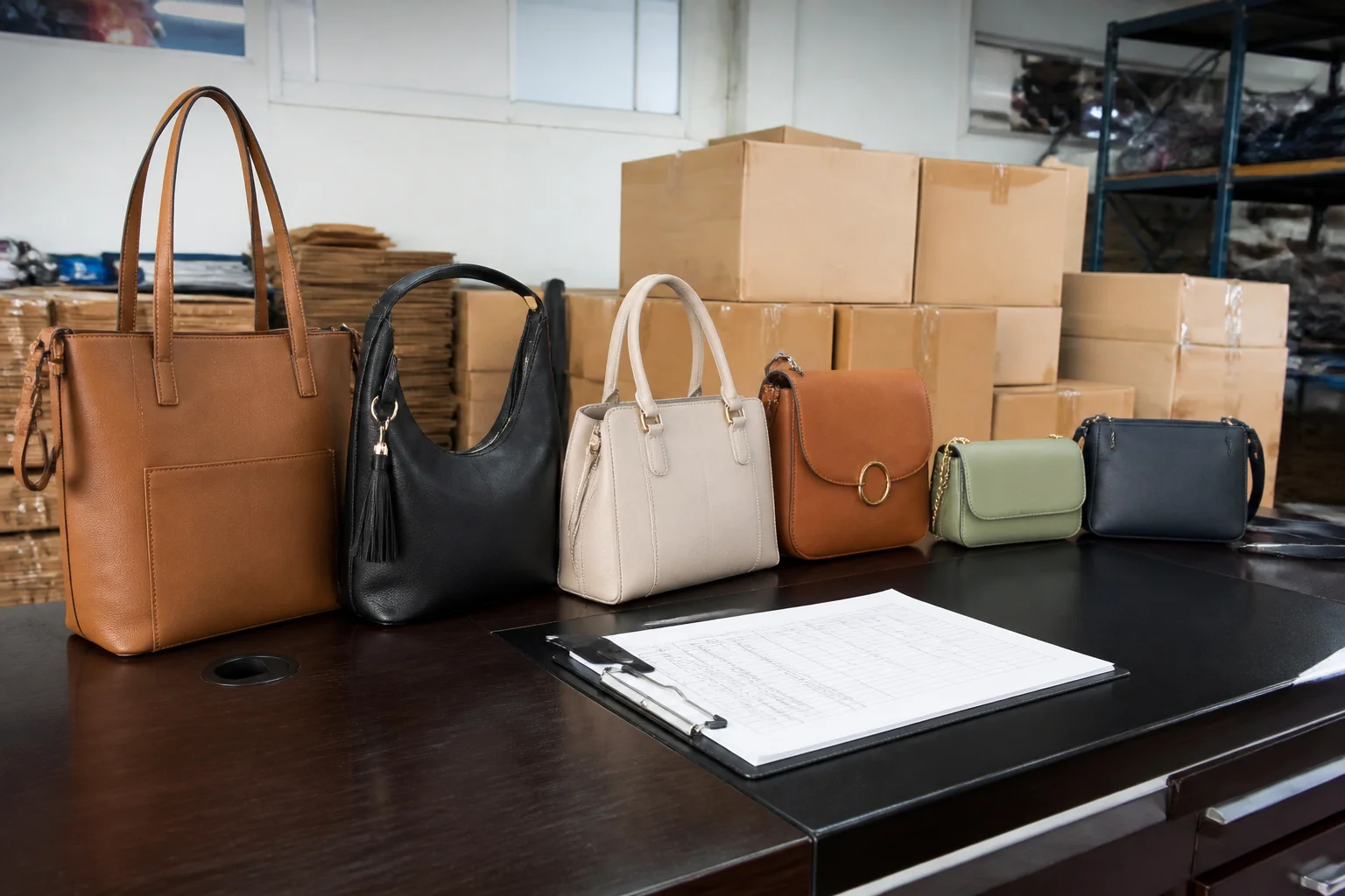Bag factory sales desk with several PU leather bag samples of different sizes beside stacked cartons and a pricing worksheet