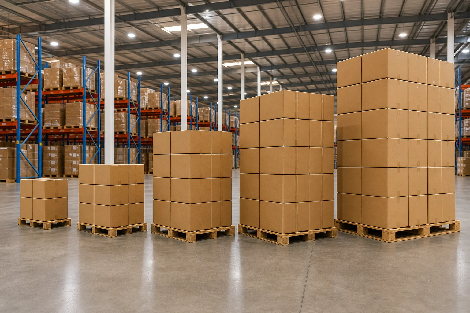 Warehouse with neatly stacked export cartons of bags in graduated piles showing different order volumes on a pallet