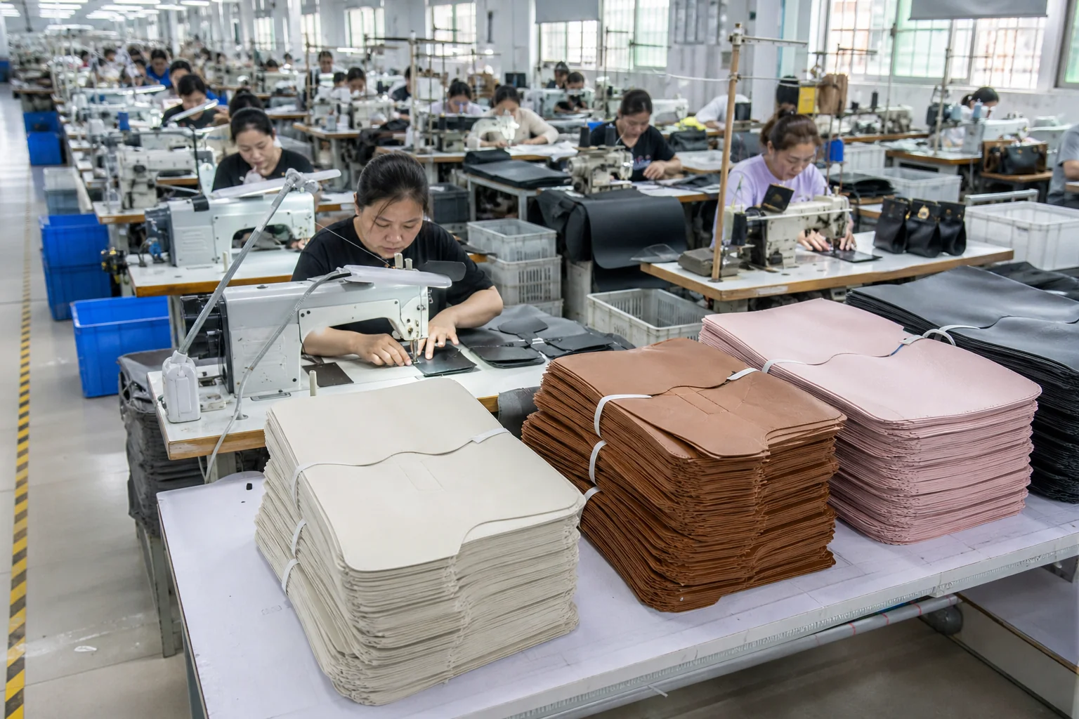 Bag factory production line with bundles of cut PU leather panels staged at a sewing station showing batch sizes